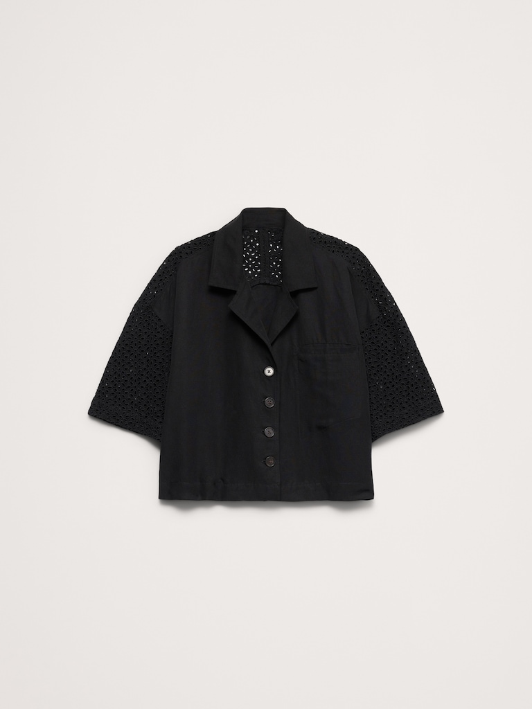 Boxy Crop Tencel™-Linen Eyelet Shirt