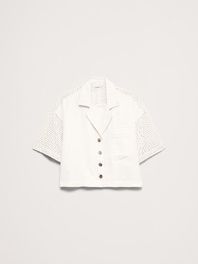Boxy Crop Tencel™-Linen Eyelet Shirt