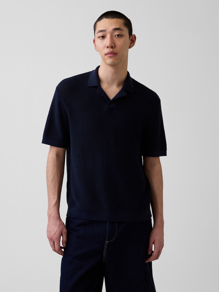Linen-Blend Camp Polo Sweater Shirt