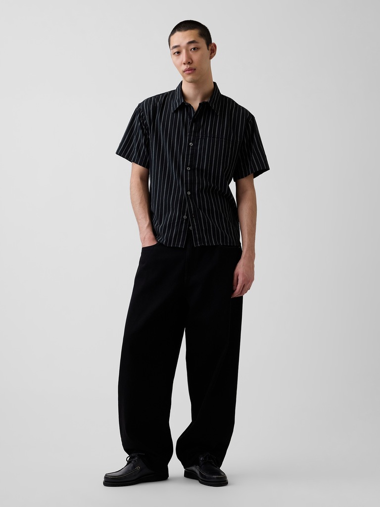 Seersucker Stripe Relaxed Curved-Hem Shirt