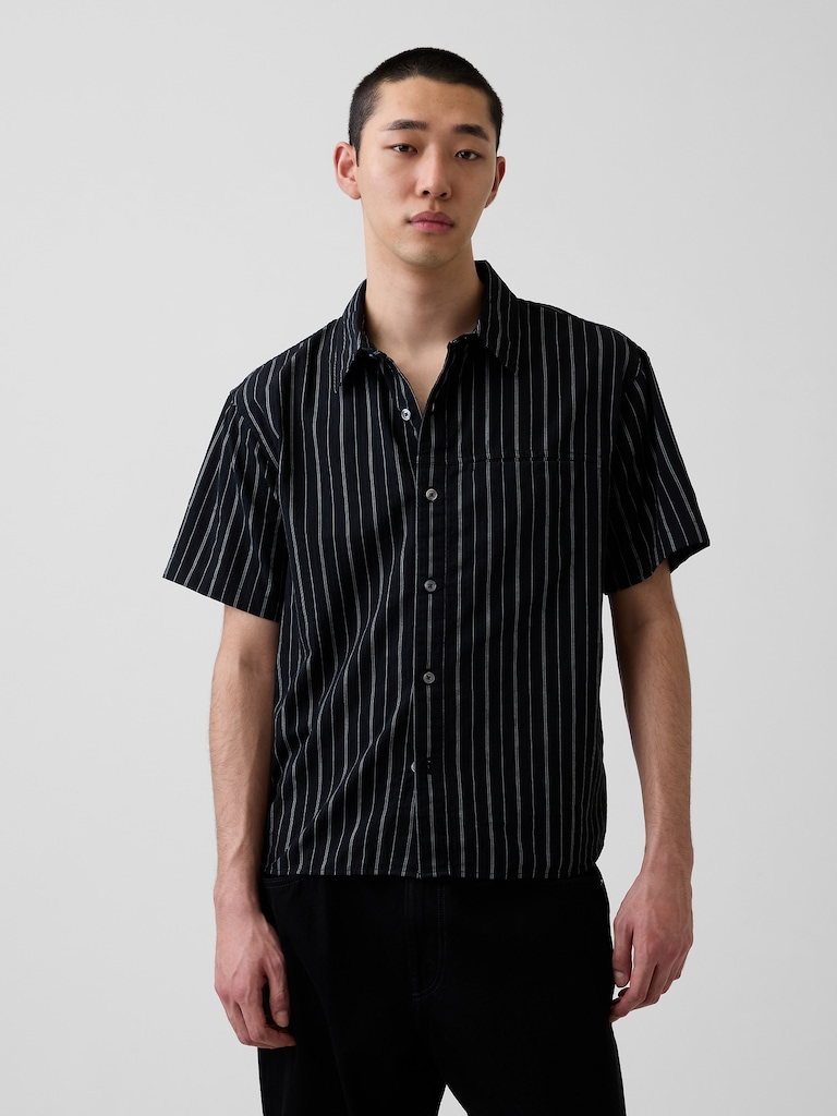 Seersucker Stripe Relaxed Curved-Hem Shirt