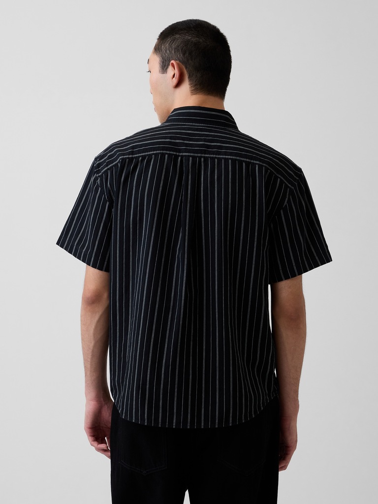 Seersucker Stripe Relaxed Curved-Hem Shirt