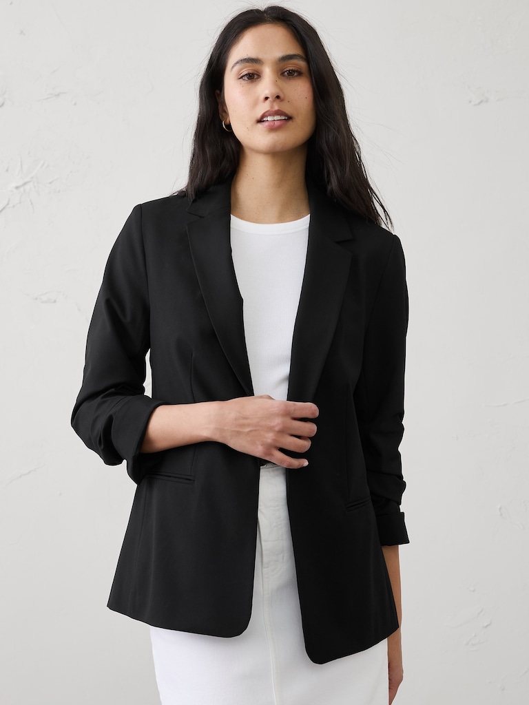 Sculpted Stretch Ruched-Sleeve Blazer