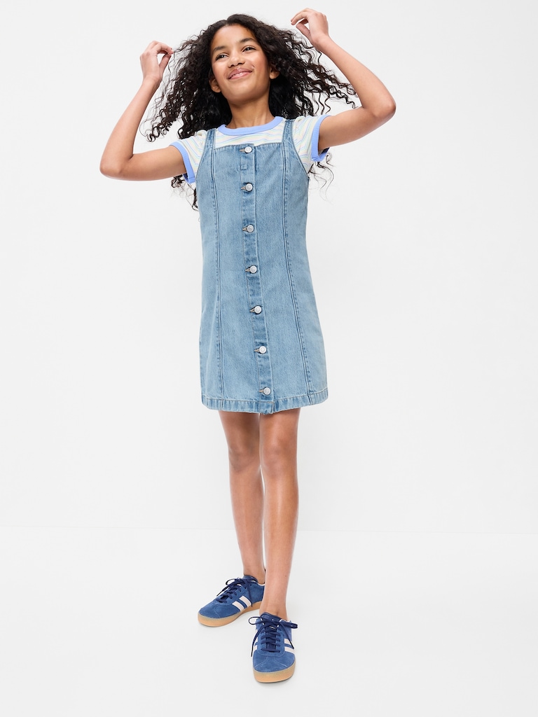Sleeveless Fit and Flare Button-Front Jean Dress for Girls