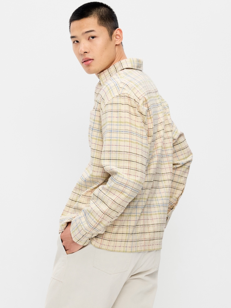 Loose Fit Textured Plaid Pocket Shirt