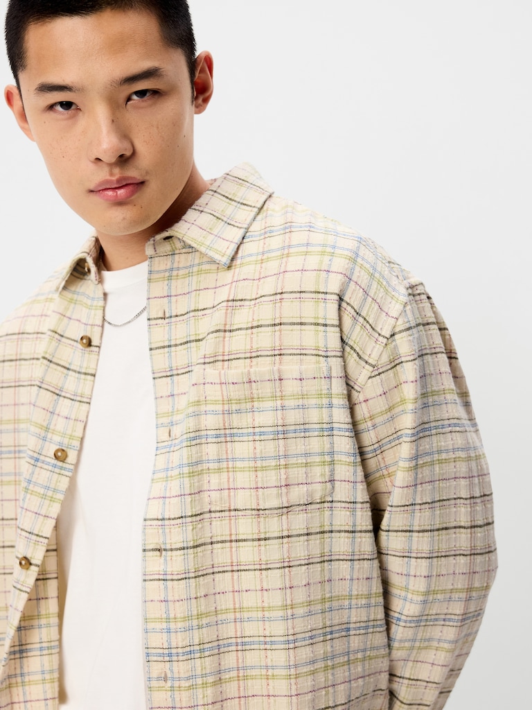 Loose Fit Textured Plaid Pocket Shirt
