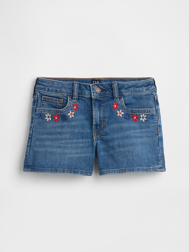 Kids High Rise Embroidered Denim Shorts