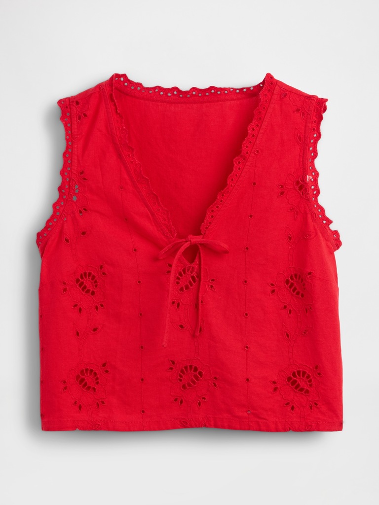 Linen-Blend Embroidered Crop Shell Tank Top