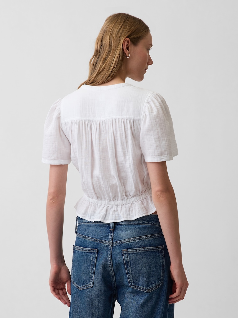 Cotton Gauze Button-Front Crop Peplum Top