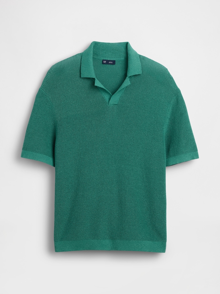 Linen-Blend Camp Polo Sweater Shirt