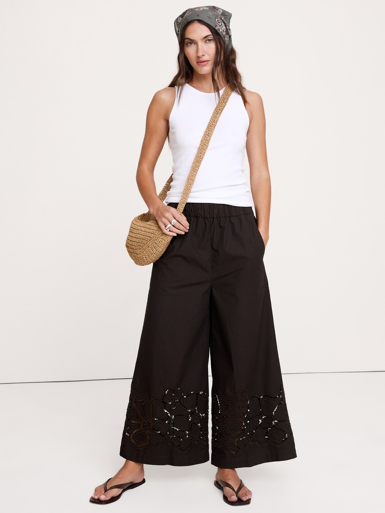 The Pull-On Wide-Leg Ankle Pant in Embroidered Poplin