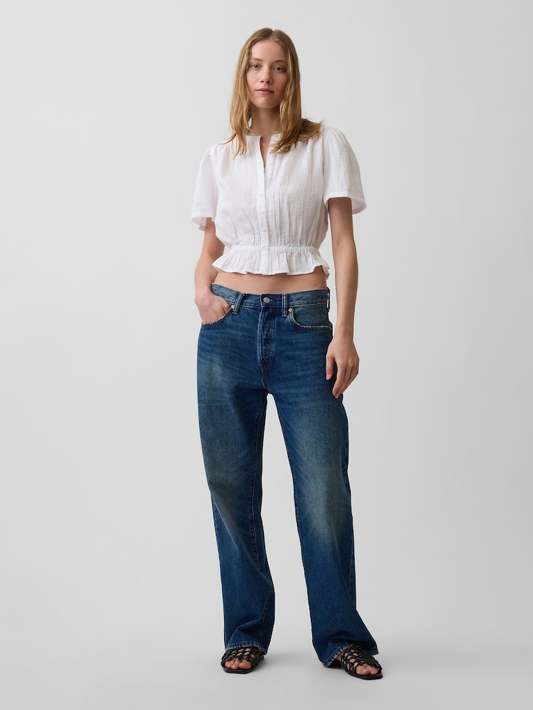 Cotton Gauze Button-Front Crop Peplum Top