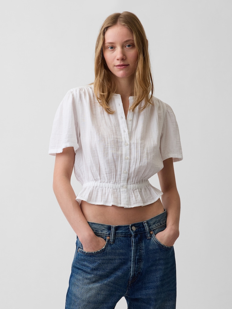 Cotton Gauze Button-Front Crop Peplum Top