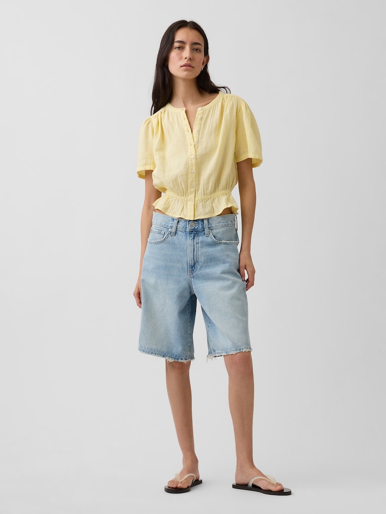 Cotton Gauze Button-Front Crop Peplum Top