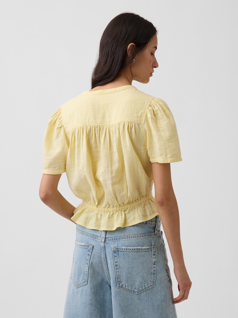 Cotton Gauze Button-Front Crop Peplum Top