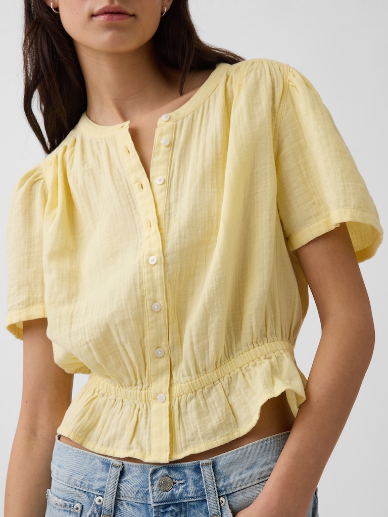 Cotton Gauze Button-Front Crop Peplum Top