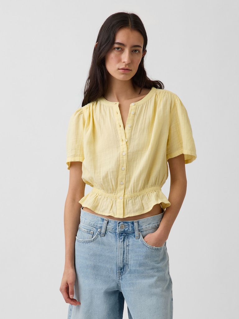 Cotton Gauze Button-Front Crop Peplum Top
