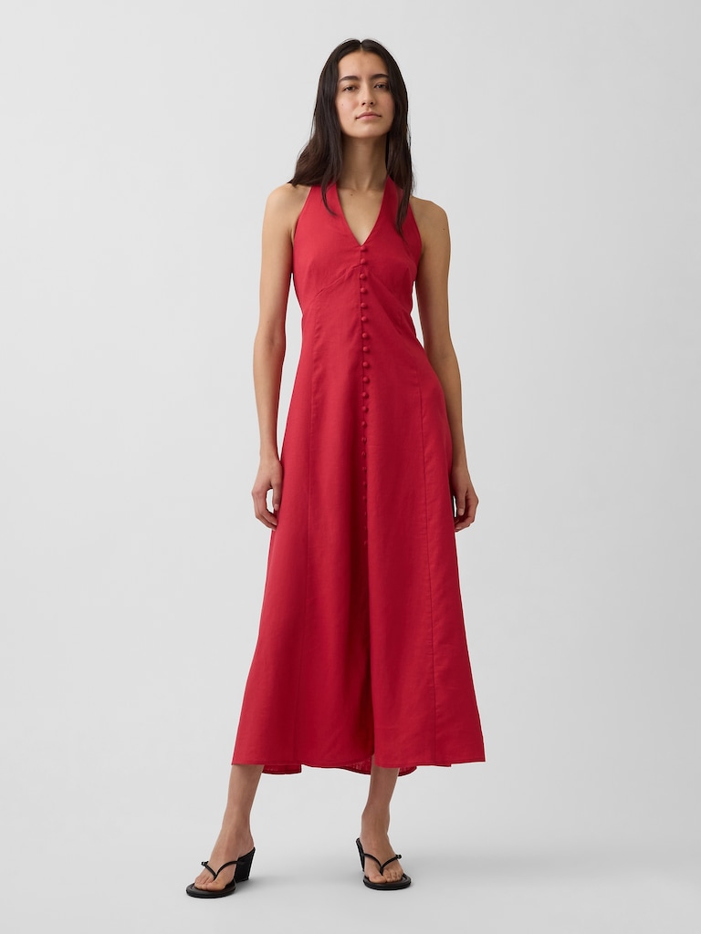 Linen-Blend Halter Maxi Dress