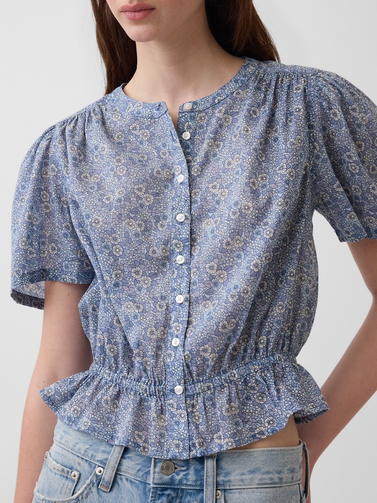 Button-Front Crop Peplum Top