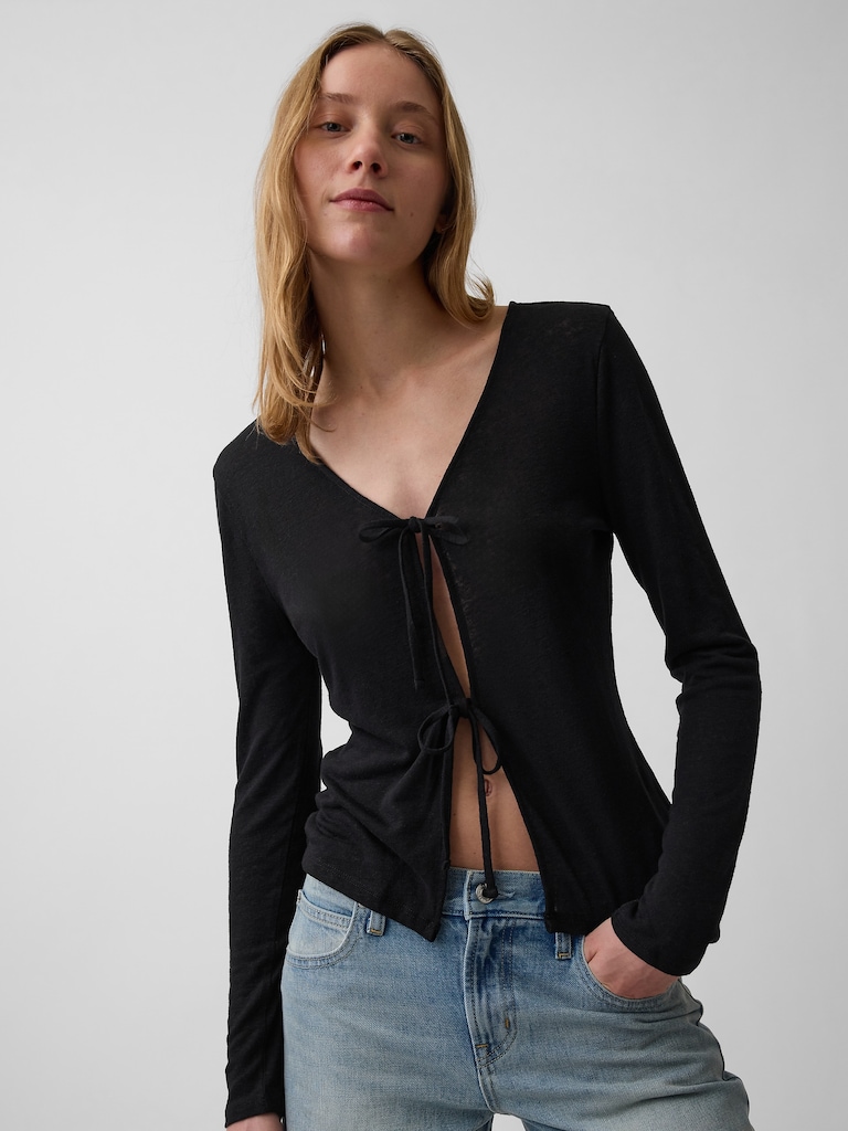 Linen-Blend Tie-Front Cardigan