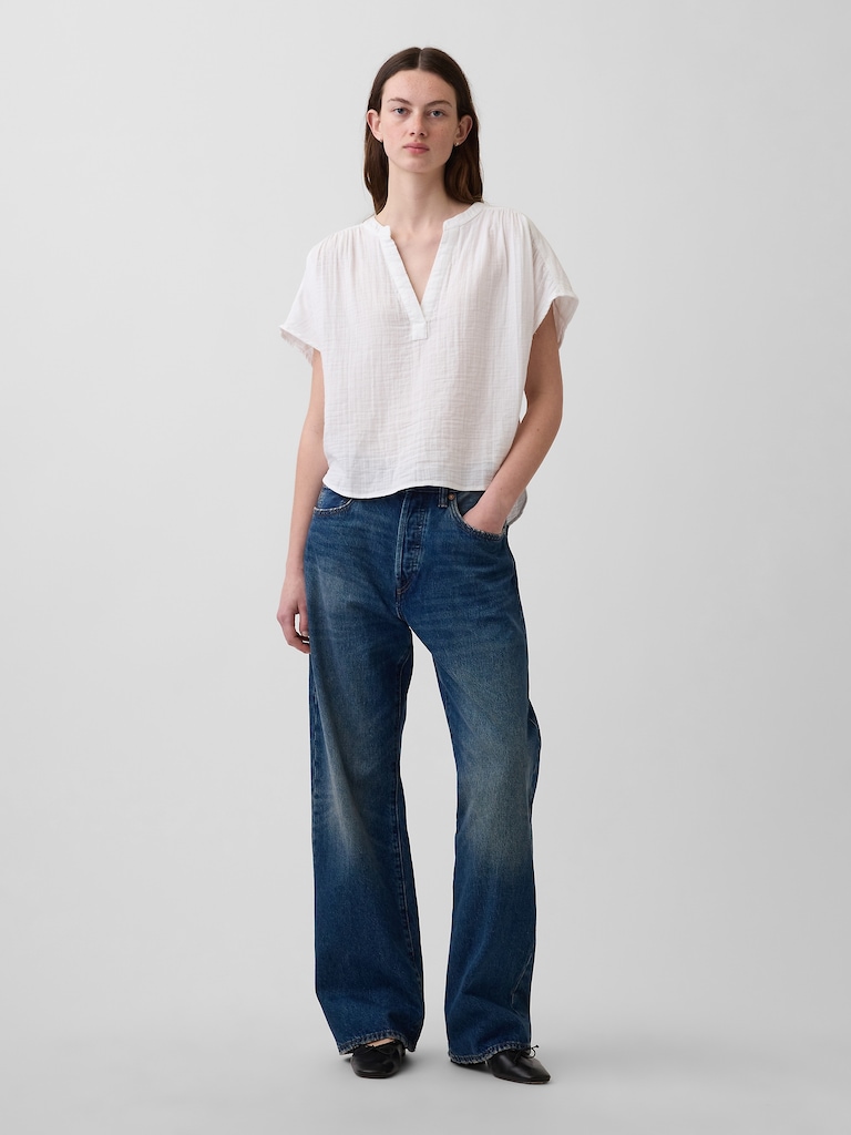 Cotton Gauze Oversized Split-Neck Top