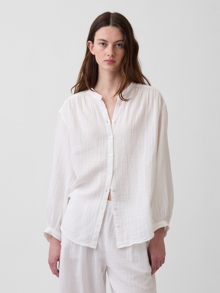 Cotton Gauze Oversized Collarless Shirt