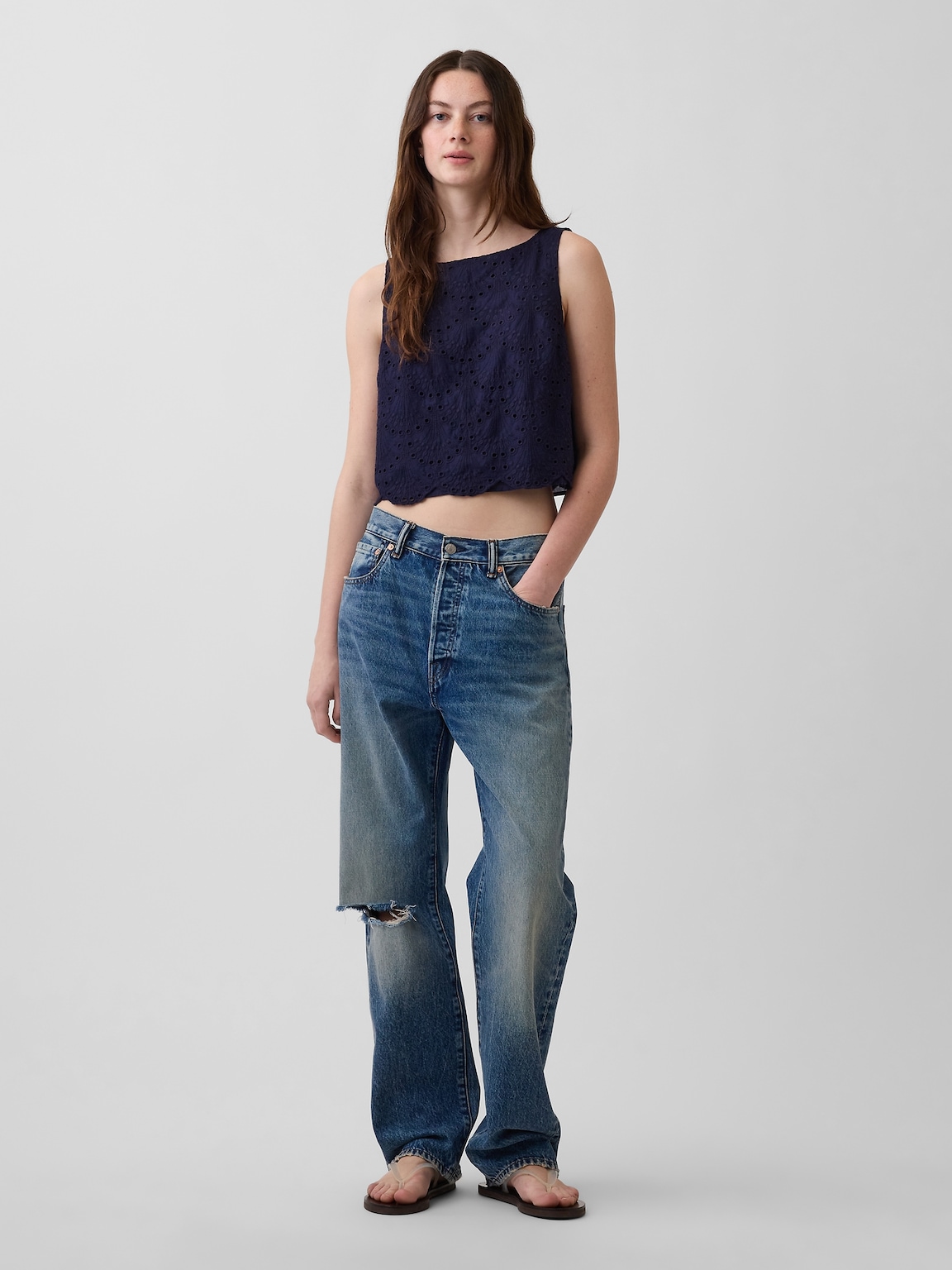 Eyelet Crop Shell Tank Top