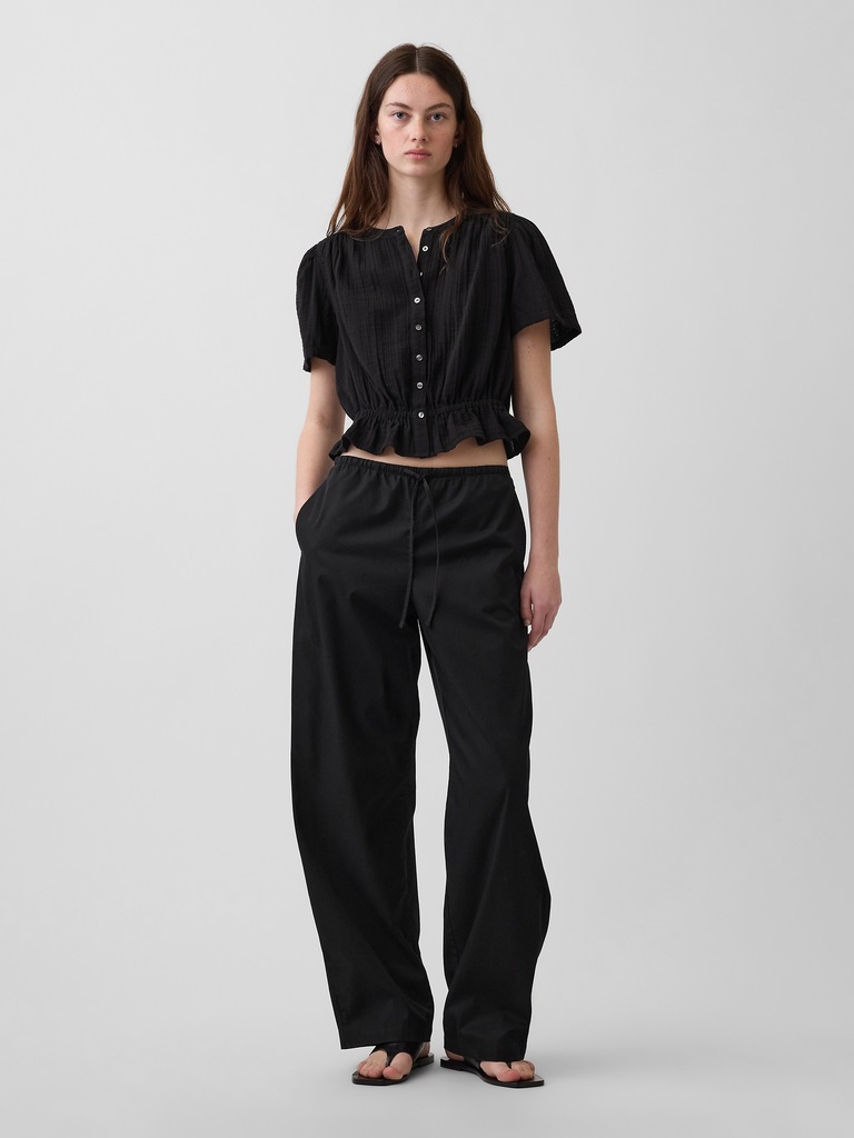 Cotton Gauze Button-Front Crop Peplum Top