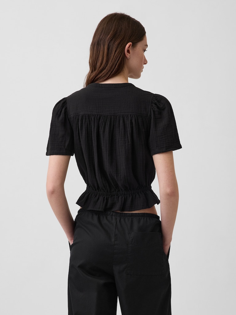 Cotton Gauze Button-Front Crop Peplum Top