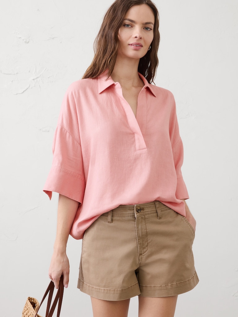 Linen-Blend Drapey Popover Shirt