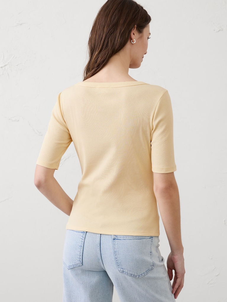 Ribbed Elbow-Sleeve Henley T-Shirt