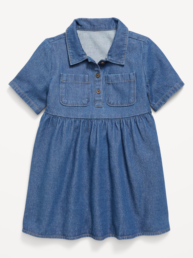 Short-Sleeve Denim Shirt Dress for Toddler Girls