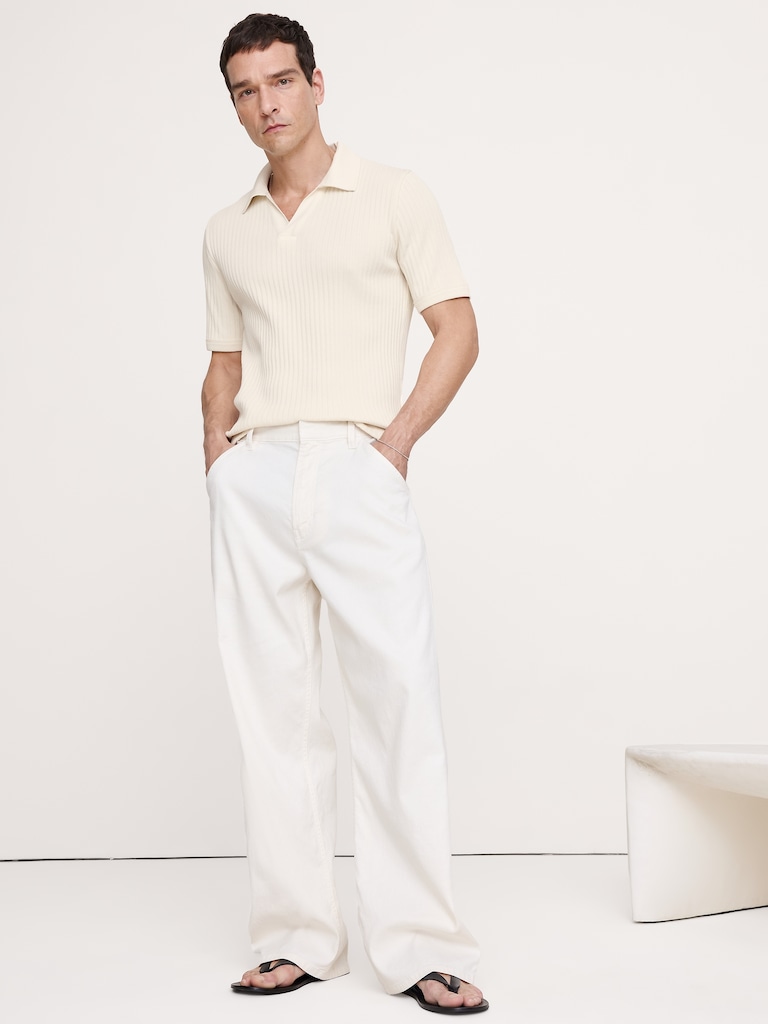 Ribbed Stretch-Cotton Johnny-Collar Polo