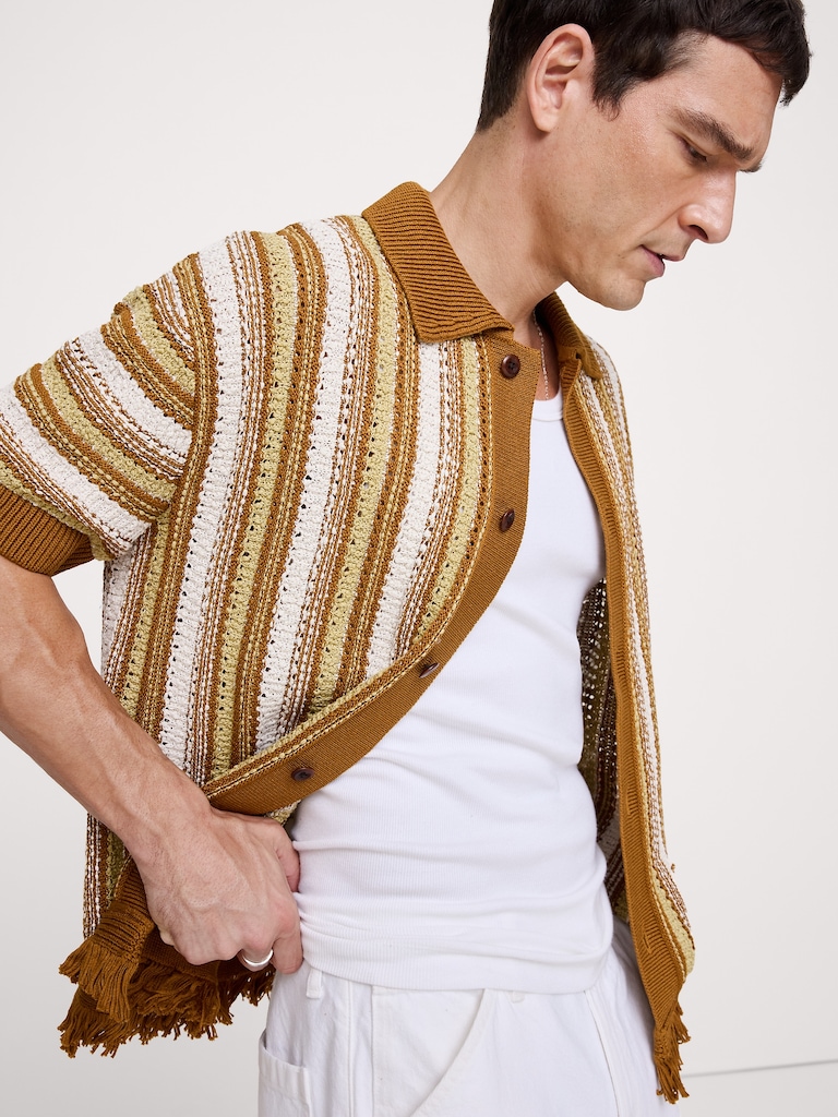 Cardigan à col polo en coton à franges