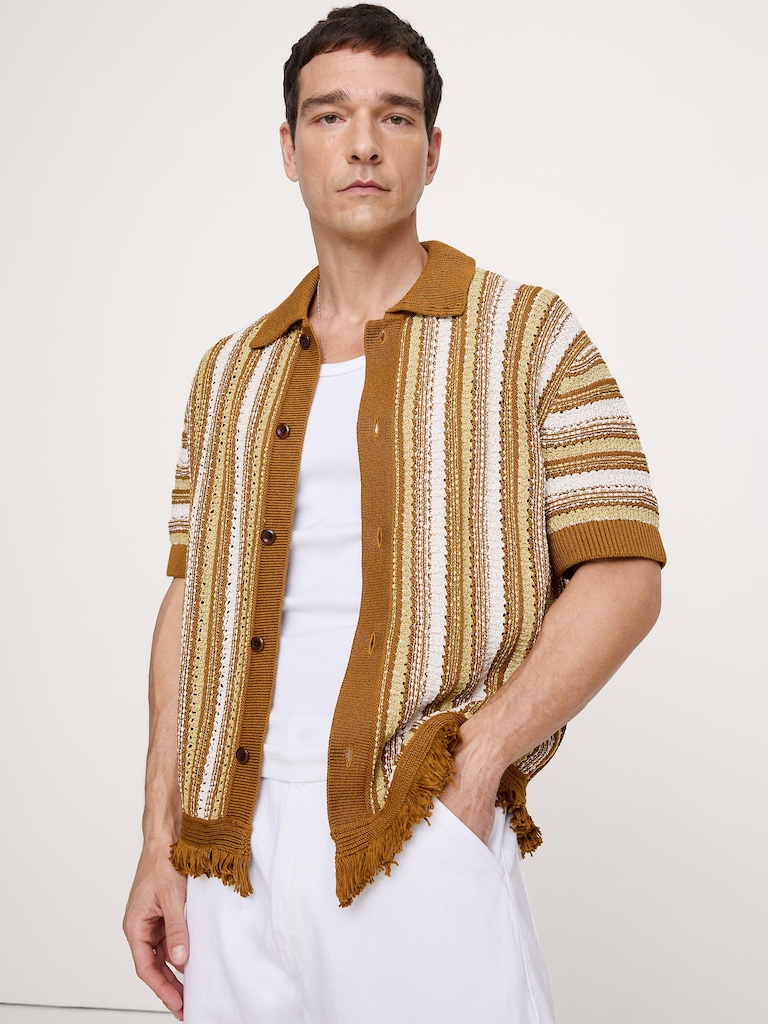 Cardigan à col polo en coton à franges