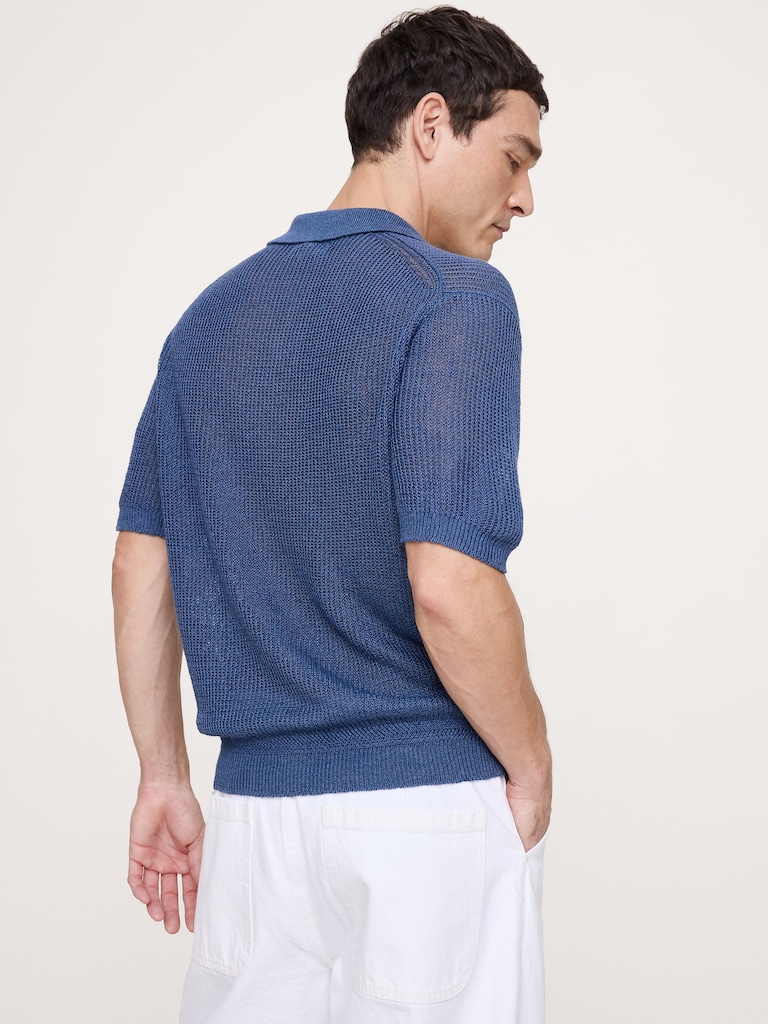 Linen-Cotton Johnny-Collar Sweater Polo