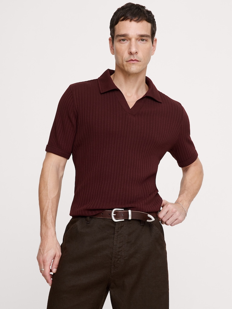 Ribbed Stretch-Cotton Johnny-Collar Polo