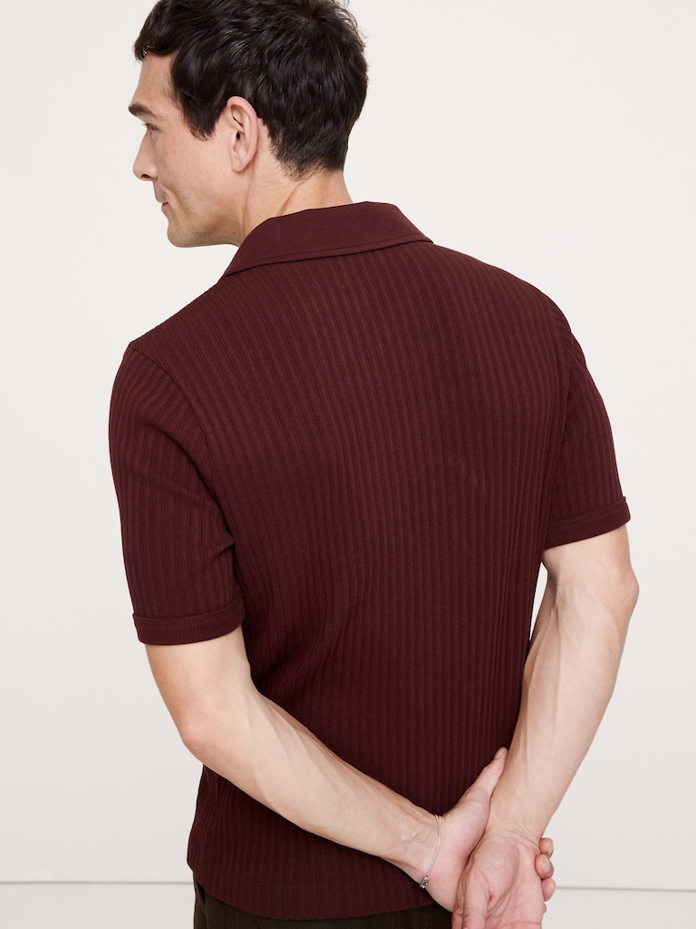 Ribbed Stretch-Cotton Johnny-Collar Polo