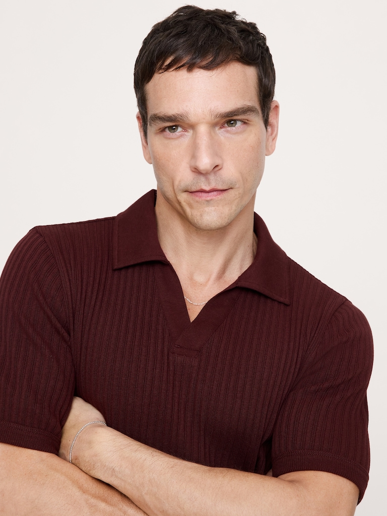 Ribbed Stretch-Cotton Johnny-Collar Polo