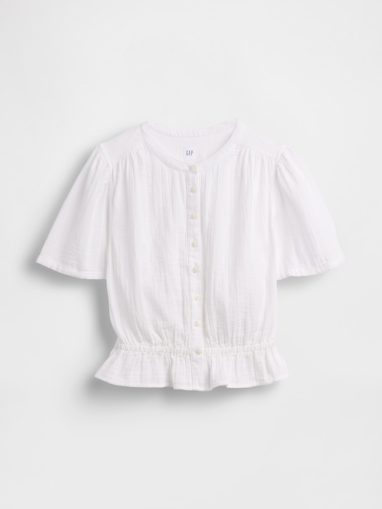 Cotton Gauze Button-Front Crop Peplum Top