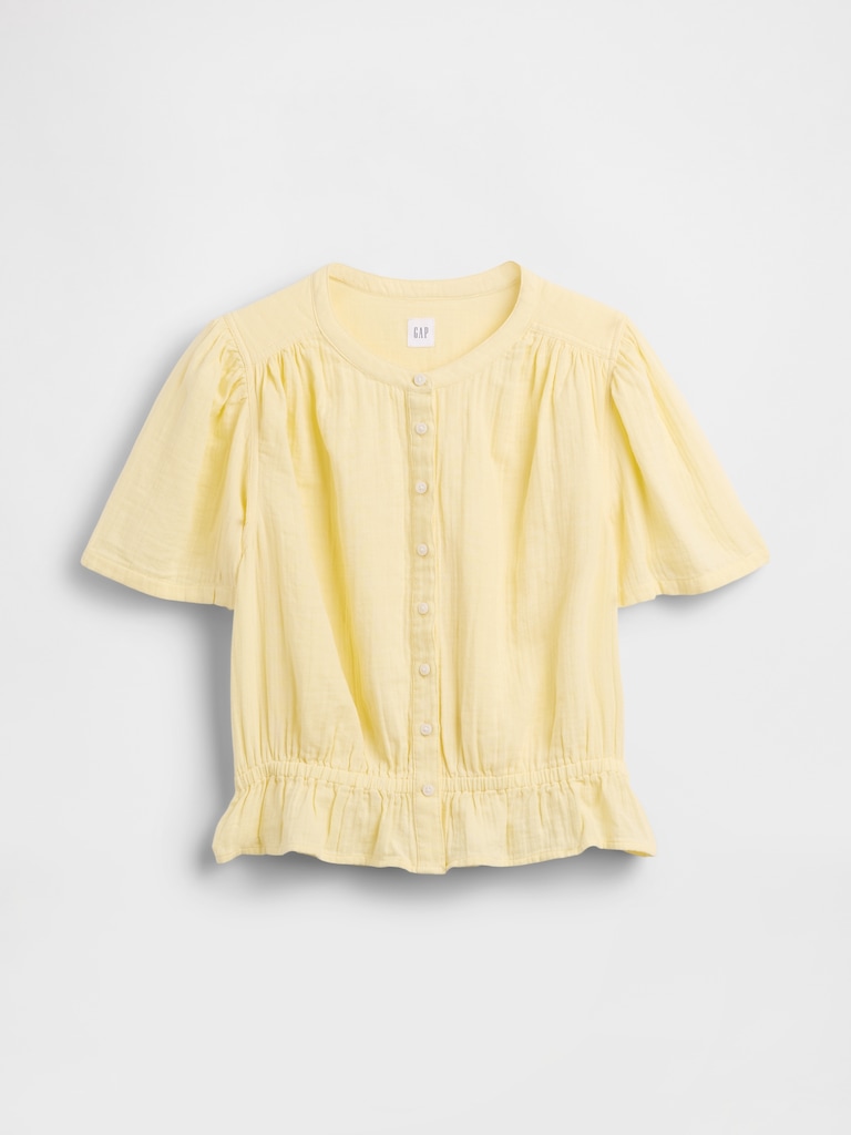 Cotton Gauze Button-Front Crop Peplum Top