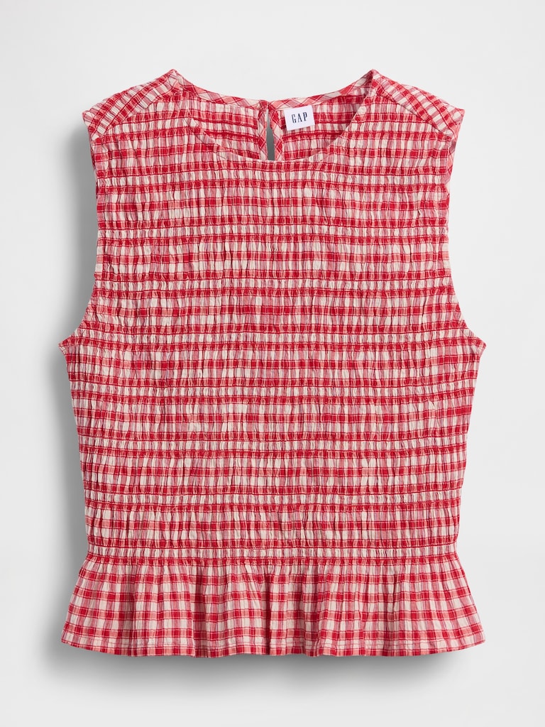 Smocked Gingham Crop Peplum Top