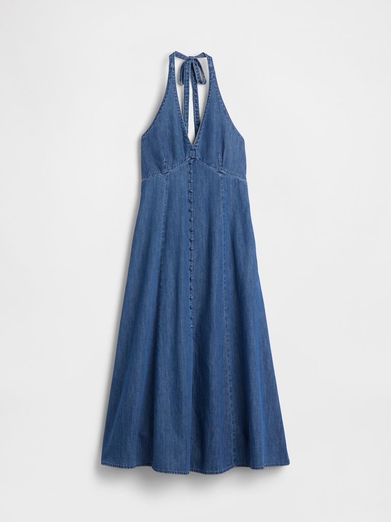 Denim Seamed Halter Maxi Dress