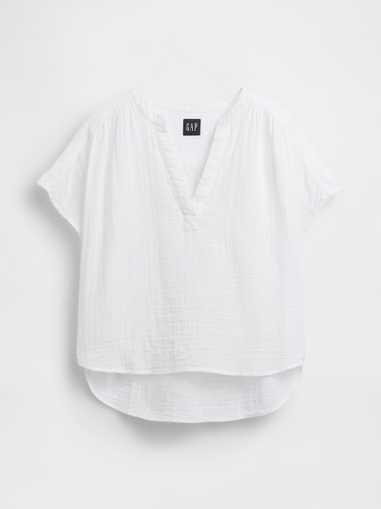 Cotton Gauze Oversized Split-Neck Top