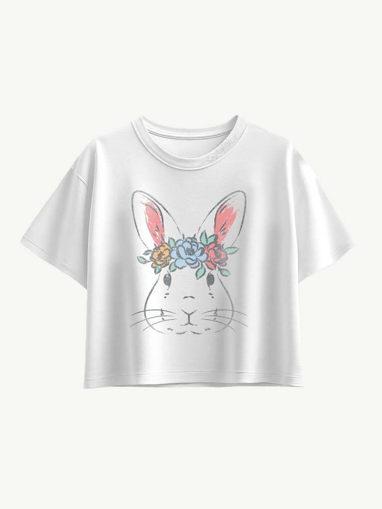 Easter Bunny Face Short Sleeve Boxy Graphic T-Shirt For Girls