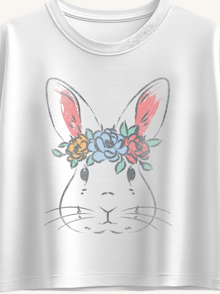 Easter Bunny Face Short Sleeve Boxy Graphic T-Shirt For Girls