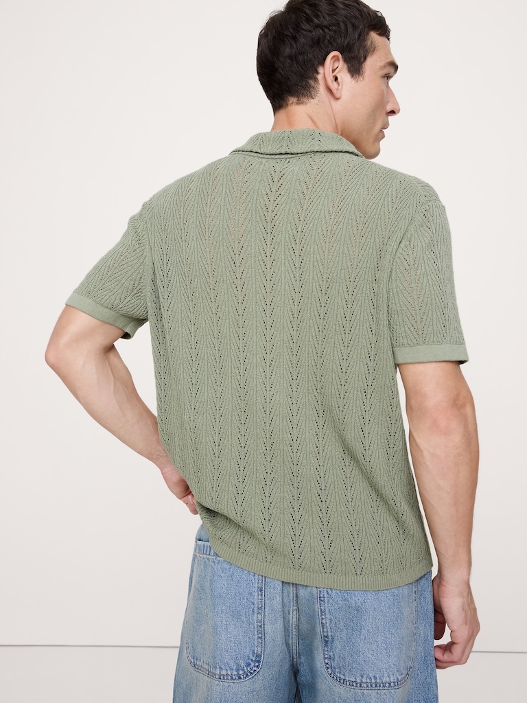 Pointelle Linen-Cotton Blend Polo Cardigan