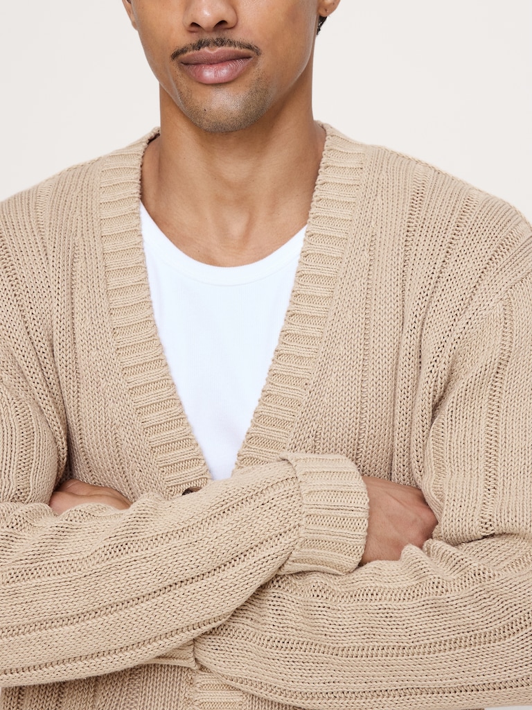 Linen-Cotton Ribbed Cardigan
