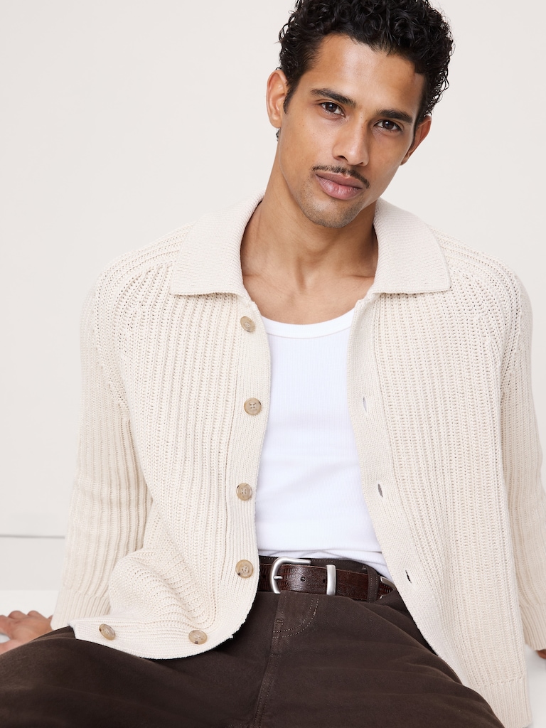 Cotton Ribbed Polo Cardigan