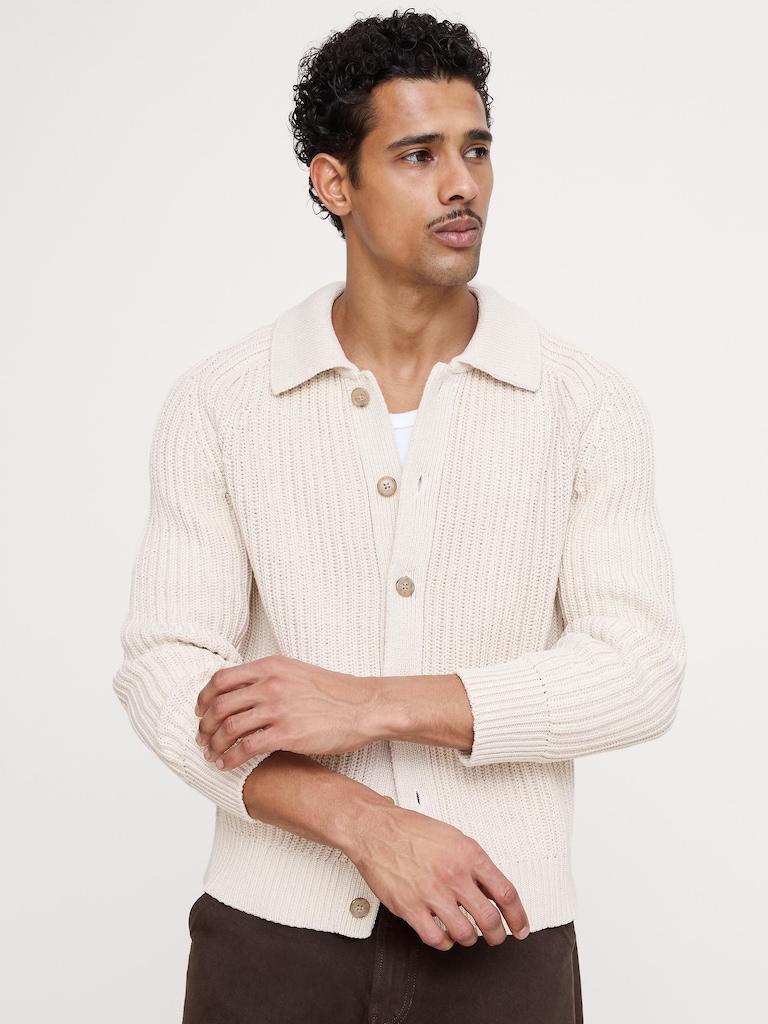 Cotton Ribbed Polo Cardigan